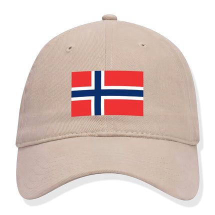 Norwegian flag baseball cap in tan. Features the national Nordic cross design for patriotic style.