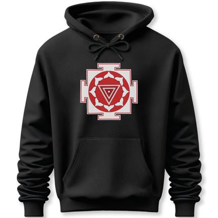 Kali Yantra sacred geometry symbol on a black spiritual hoodie.