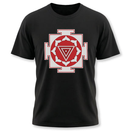 Kali Yantra sacred geometry symbol on a black spiritual unisex t-shirt.