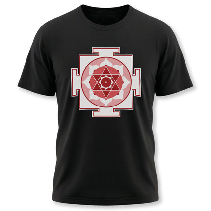 Kamala Yantra sacred geometry print on black t-shirt for Hindu spiritual wear.