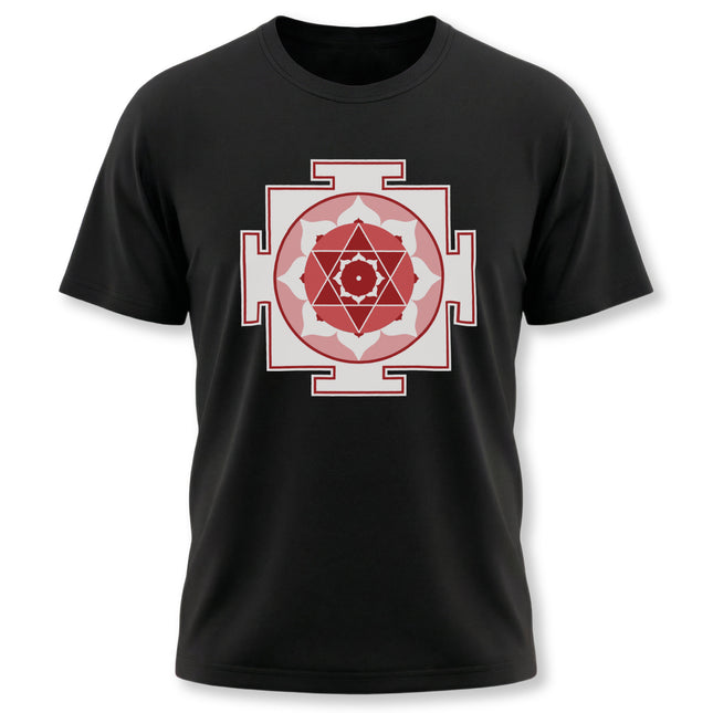 Kamala Yantra sacred geometry print on black t-shirt for Hindu spiritual wear.