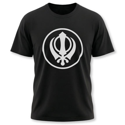 Black t-shirt featuring the white Khanda Sikh symbol graphic. Khalsa religious tee.