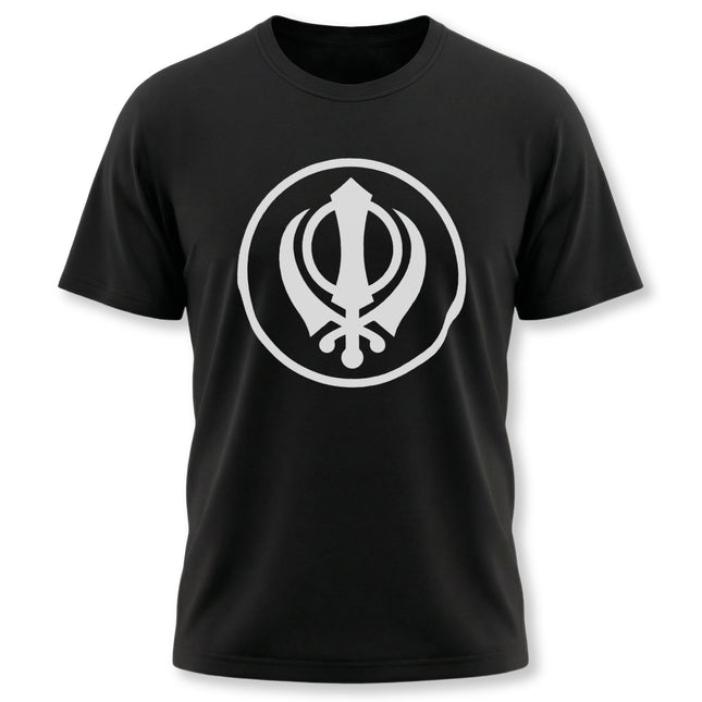 Black t-shirt featuring the white Khanda Sikh symbol graphic. Khalsa religious tee.