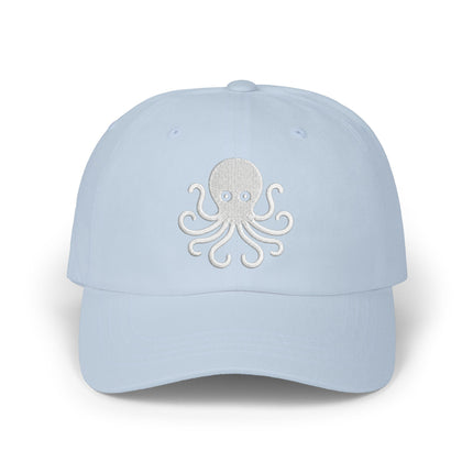 Embroidered octopus baseball cap in light blue for nautical or marine life style.
