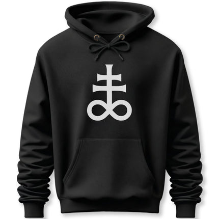 Black hoodie featuring a white alchemical sulfur symbol graphic print.