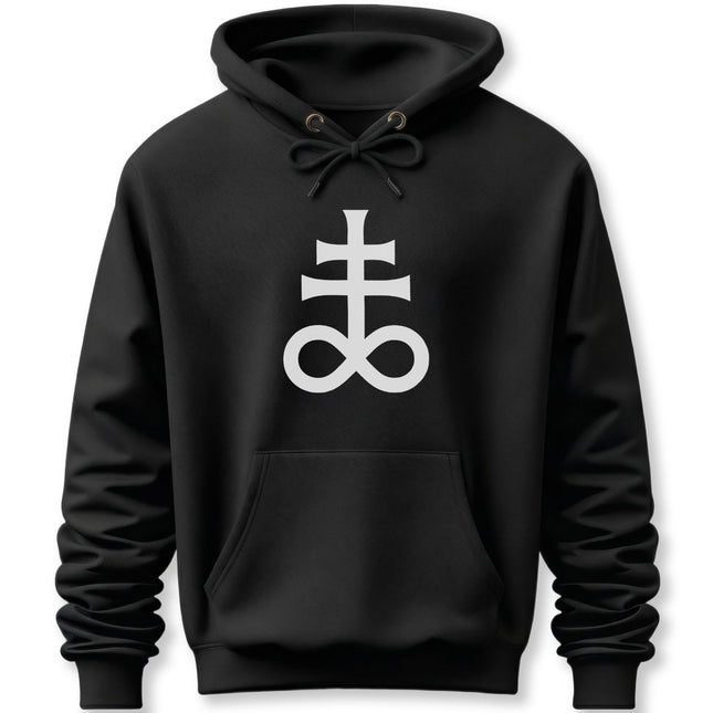 Black hoodie featuring a white alchemical sulfur symbol graphic print.