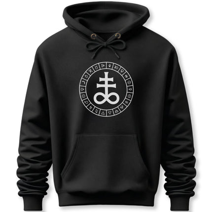 Black hoodie featuring a circular occult design with esoteric and alchemical symbols.