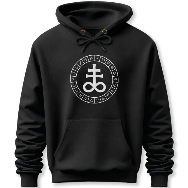 Black hoodie featuring a circular occult design with esoteric and alchemical symbols.