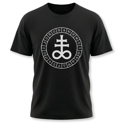 Occult graphic tee featuring the Leviathan Cross and esoteric alchemical symbols in a circle.