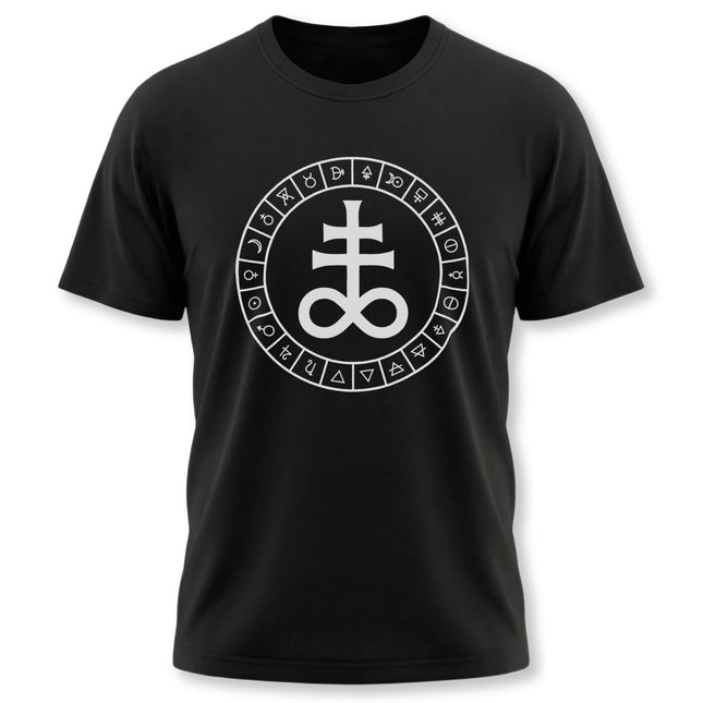 Occult graphic tee featuring the Leviathan Cross and esoteric alchemical symbols in a circle.