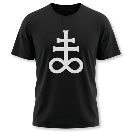 Black t-shirt featuring an esoteric cross and infinity symbol graphic design.