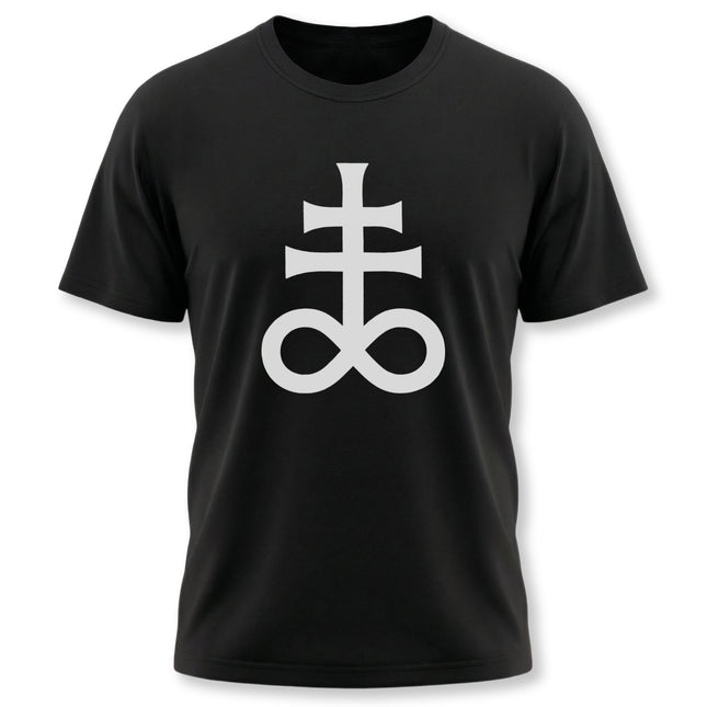 Black t-shirt featuring an esoteric cross and infinity symbol graphic design.