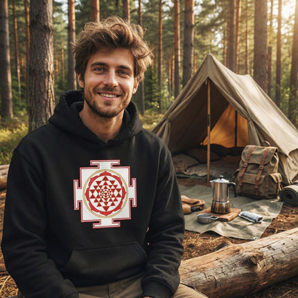 Black hoodie featuring the Sri Yantra sacred geometry symbol for spiritual apparel.