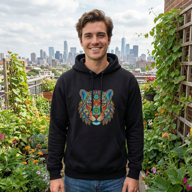 Huichol Jaguar Hoodie | Vibrant Mexican Folk Art Animal Pullover Hoodie