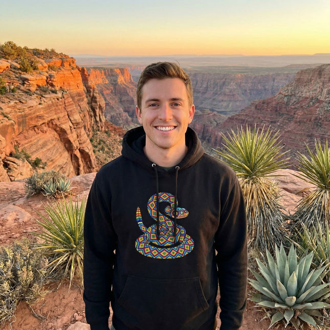 Huichol Rattlesnake Hoodie | Colorful Geometric Folk Art Pullover Hoodie
