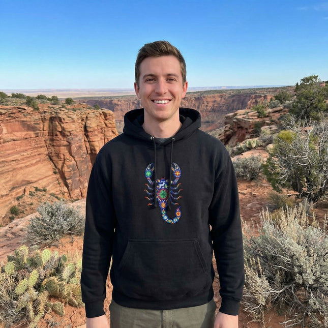 Huichol Scorpion Hoodie | Vibrant Mexican Folk Art Design Pullover Hoodie