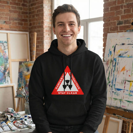 Black hoodie featuring a radioactive hazard warning symbol and "Stay Clear" graphic.
