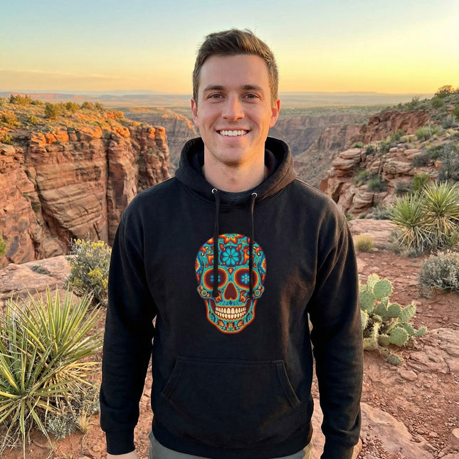 Huichol Skull Hoodie | Colorful Day of the Dead Sugar Skull Pullover Hoodie