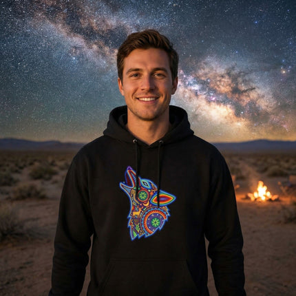 Huichol Wolf Hoodie | Vibrant Mexican Folk Art Howling Unisex Pullover Hoodie