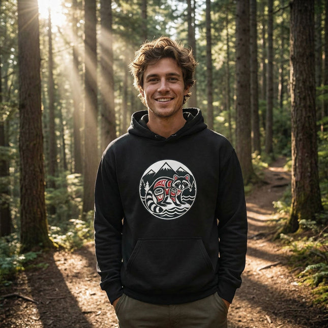 Raccoon Indigenous Art Hoodie | PNW Mountains Forest Wildlife Pullover Hoodie