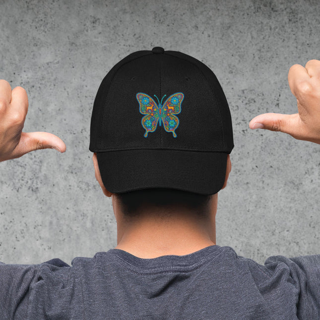 Huichol butterfly print baseball cap featuring vibrant native Mexican art.