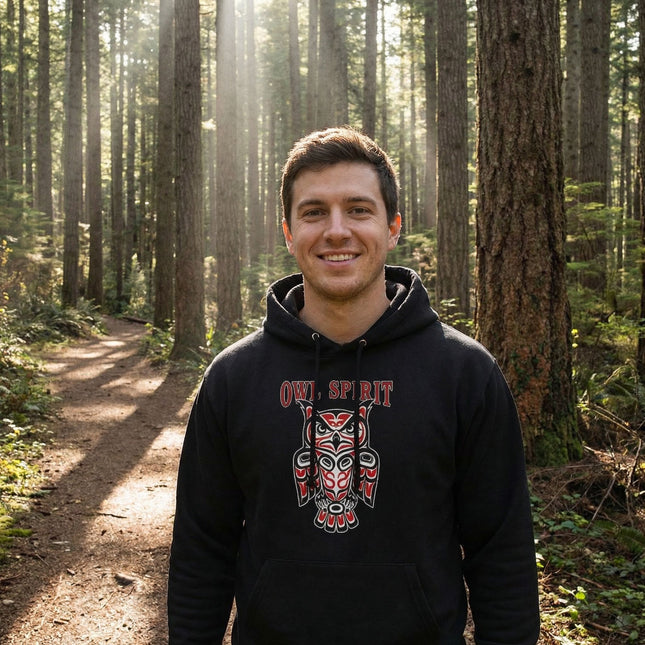 "OWL SPIRIT" Red & Black Indigenous Owl Hoodie | Pacific Northwest Art Hoodie