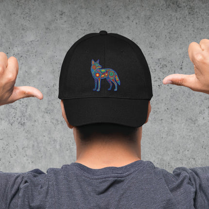 Coyote Huichol print baseball cap featuring Mexican indigenous art design.