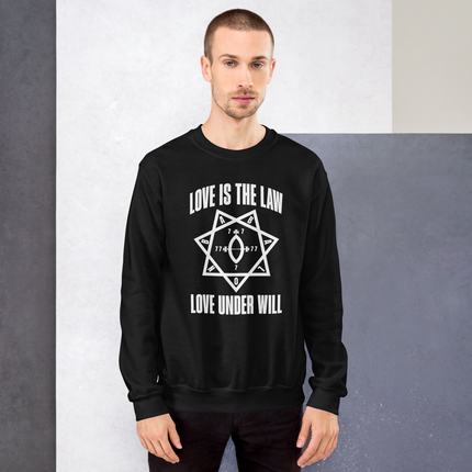 Love Is The Law Under Will Thelema Babalon star heptagram graphic on sweatshirt.