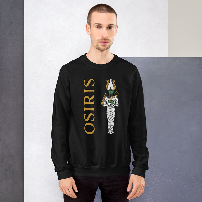 Osiris Egyptian god mummy artwork printed on a comfortable unisex pullover sweatshirt.