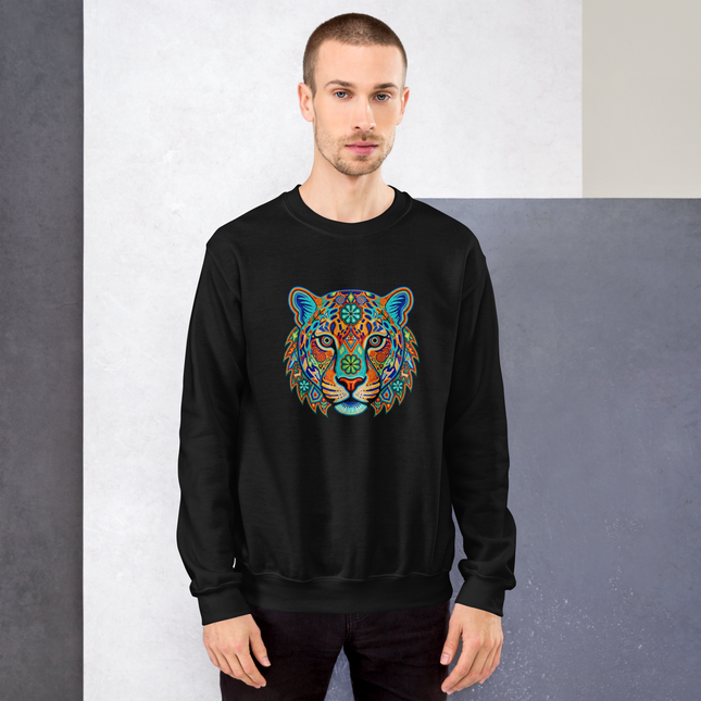 Vibrant Mexican Huichol Jaguar art sweatshirt featuring colorful traditional patterns and designs.