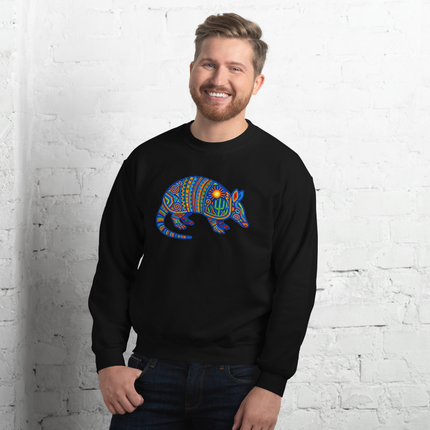 Mexican Huichol art armadillo sweatshirt featuring vibrant dotted folk pattern pullover.