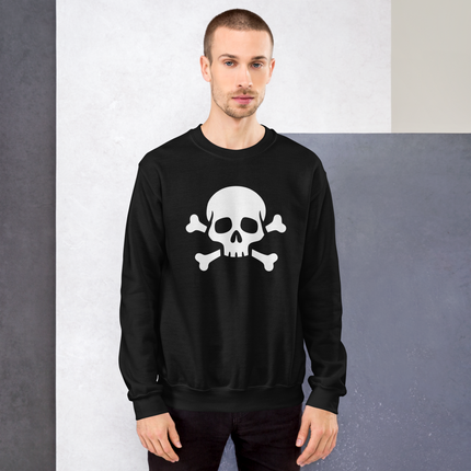Black pullover featuring a gothic skull and crossbones pirate graphic print.