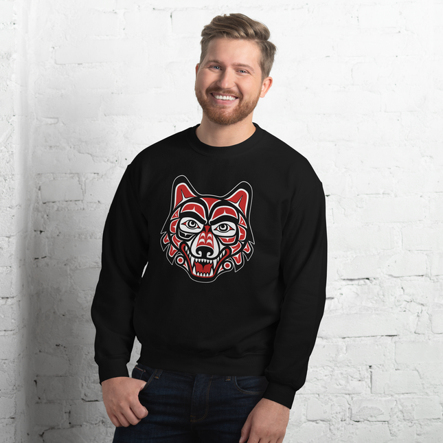 Pacific Northwest wolf spirit graphic featuring stylized indigenous animal artwork print on a sweatshirt.