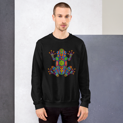 Vibrant Huichol frog art sweatshirt featuring geometric Mexican indigenous patterns.