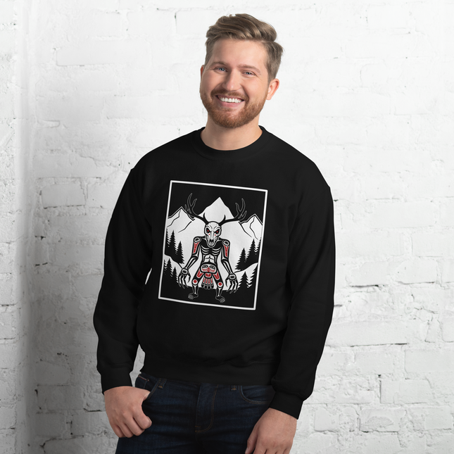 Wendigo antler skull graphic on a mountain cryptid themed pullover sweatshirt.