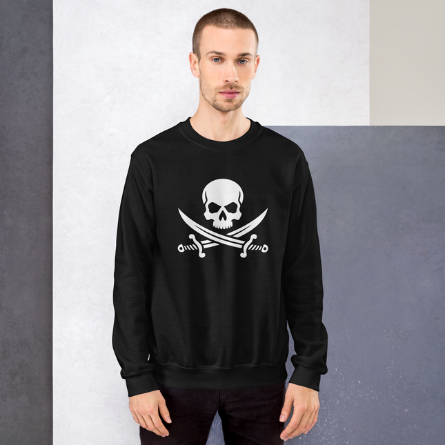 Jolly Roger pirate skull graphic with crossed sabers on a classic black sweatshirt.