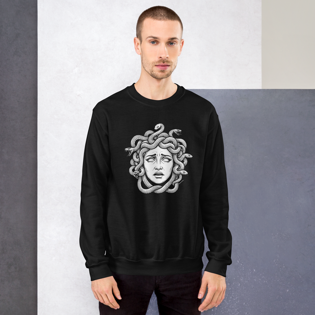 Distressed Medusa head graphic on a unisex pullover featuring Greek mythological snake hair design.