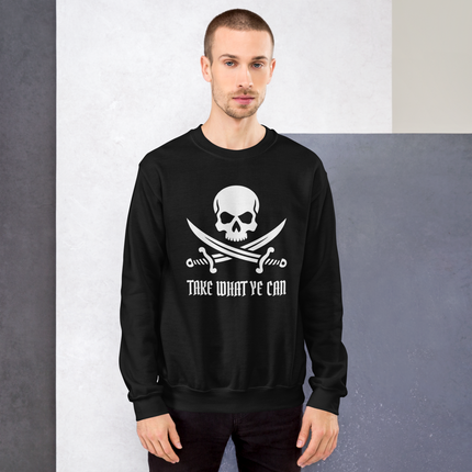 Jolly Roger skull and sword pirate graphic sweatshirt with "Take What Ye Can" text.