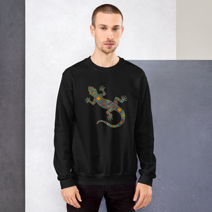 Colorful Huichol tribal art gecko lizard design printed on a unisex pullover sweatshirt.