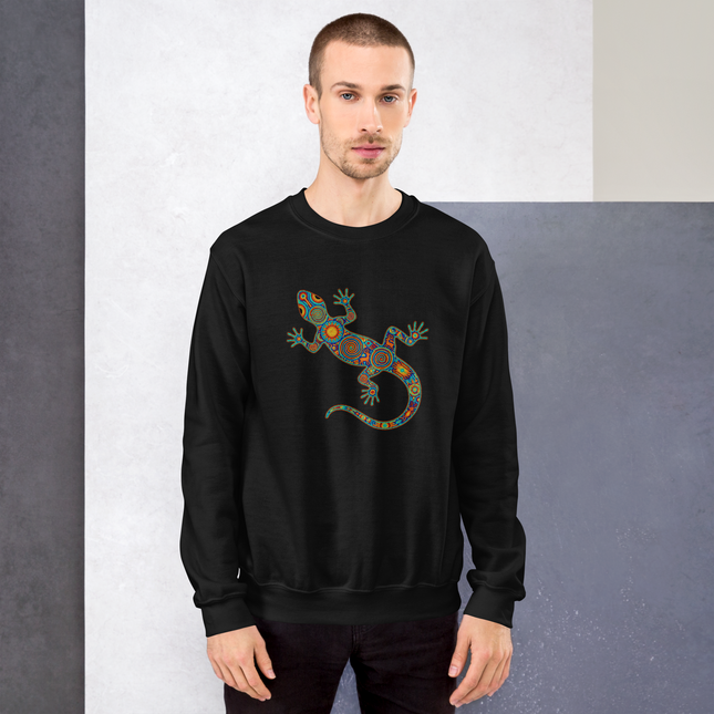 Colorful Huichol tribal art gecko lizard design printed on a unisex pullover sweatshirt.