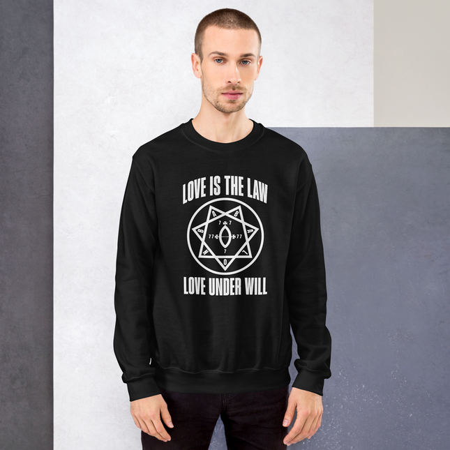 Love Is The Law Thelema sweatshirt featuring Star of Babalon and occult symbols graphic print.