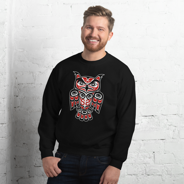 Indigenous Pacific Northwest owl formline art sweatshirt in red and black colors.