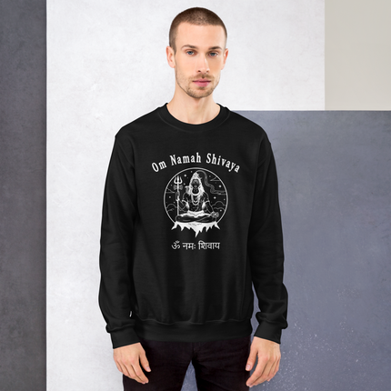 Lord Shiva Om Namah Shivaya mantra meditation graphic sweatshirt for spiritual wear.