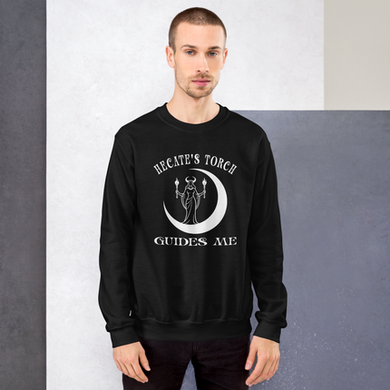 Goddess Hecate's torch design on a pagan moon witch pullover sweatshirt.
