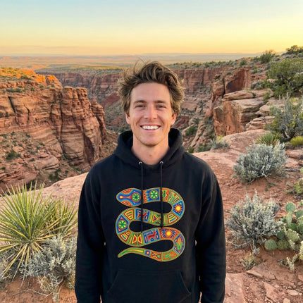 Colorful Huichol Naaye Snake Hoodie | Indigenous Mexican Folk Art Pullover Hoodie