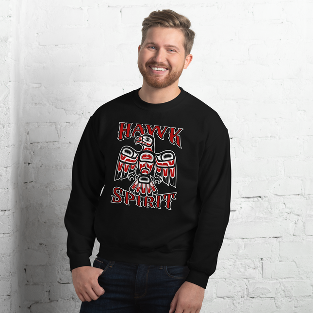 Hawk spirit eagle artwork on an indigenous style pullover sweatshirt.