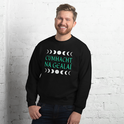Irish Cumhacht Na Gealaí moon phase graphic pullover sweatshirt for unisex wear.