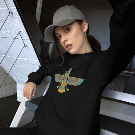 Faravahar winged symbol graphic print on a casual zoroastrian Persian pullover sweatshirt.