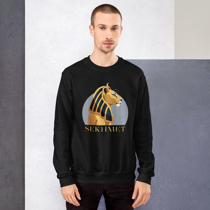 Sekhmet Egyptian lion goddess graphic print pullover sweatshirt featuring ancient mythology art.