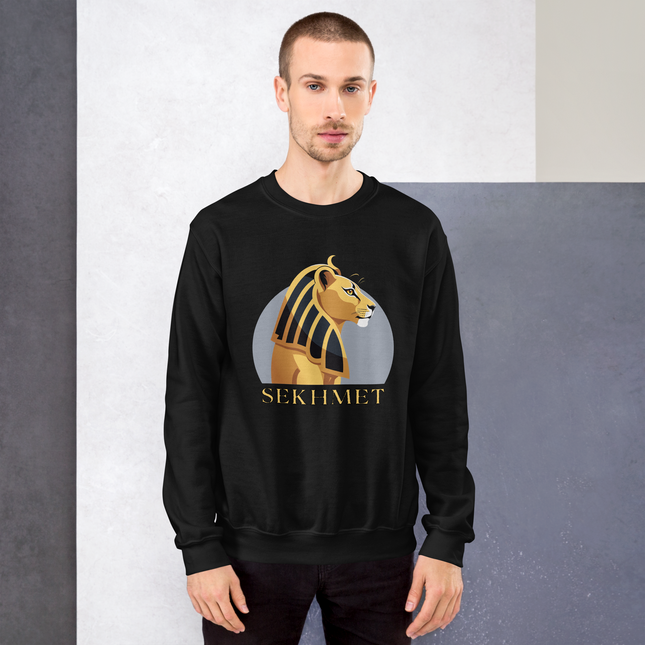 Sekhmet Egyptian lion goddess graphic print pullover sweatshirt featuring ancient mythology art.